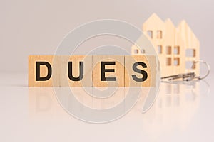 wooden cubes on a table with text DUES, model house and keys on background. concept of business, financial, investment photo