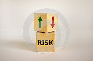 Wooden cubes with word `risk` and arrows. Beautiful white background. Copy space. Business concept