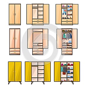Wooden cupboard isolated color icon. Vector illustration room furniture of wardrobe on white background . Vector color set icon