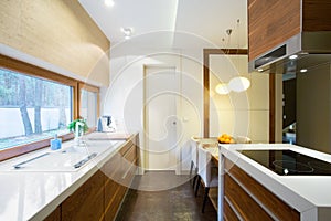 Wooden cupboards in beauty kitchen