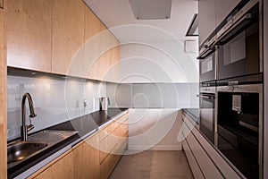 Wooden cupboards in stylish kitchen