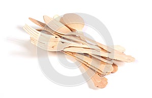 Wooden cutlery knifes forks and spoons made of wood timber material, 