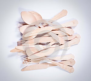 Wooden cutlery knifes forks and spoons made of wood timber material, isolated