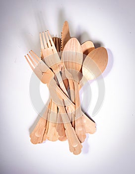 Wooden cutlery knifes forks and spoons made of wood timber material, isolated