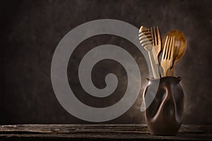 Wooden cutlery still-life