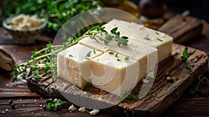 A wooden cutting board with a block of cheese and herbs, AI