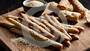 A wooden cutting board with breadsticks, sesame seeds, and a bowl of sesame seeds