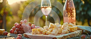 Wooden Cutting Board With Cheese and Glass of Wine