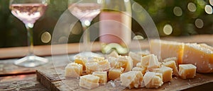 Wooden Cutting Board With Cheese and Glass of Wine