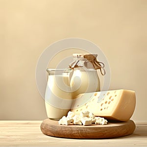 Wooden cutting board with cheese slice, milk, and yogurt on serveware