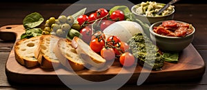 A wooden cutting board with a variety of vegetables, bread, and plum tomatoes