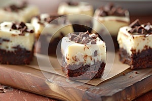 A wooden cutting board displaying decadent brownies topped with white frosting, creating a mouth-watering and indulgent