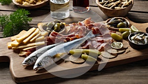 A wooden cutting board with fish, cheese, olives, and ham