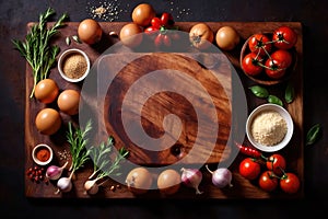 Wooden cutting board with food cooking ingredients, herbs and spices, cuisine concept