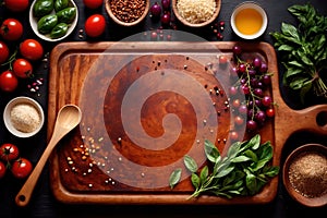 Wooden cutting board with food cooking ingredients, herbs and spices, cuisine concept