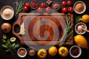 Wooden cutting board with food cooking ingredients, herbs and spices, cuisine concept