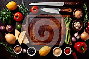 Wooden cutting board with food cooking ingredients, herbs and spices, cuisine concept