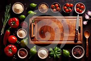 Wooden cutting board with food cooking ingredients, herbs and spices, cuisine concept