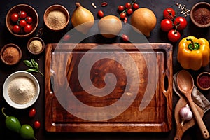 Wooden cutting board with food cooking ingredients, herbs and spices, cuisine concept