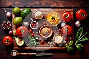 Wooden cutting board with food cooking ingredients, herbs and spices, cuisine concept