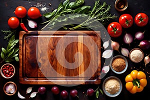 Wooden cutting board with food cooking ingredients, herbs and spices, cuisine concept