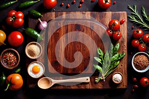 Wooden cutting board with food cooking ingredients, herbs and spices, cuisine concept