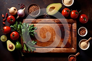 Wooden cutting board with food cooking ingredients, herbs and spices, cuisine concept