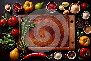 Wooden cutting board with food cooking ingredients, herbs and spices, cuisine concept