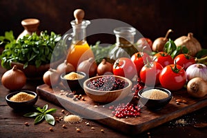 Wooden cutting board with food cooking ingredients, herbs and spices, cuisine concept