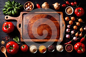 Wooden cutting board with food cooking ingredients, herbs and spices, cuisine concept