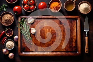 Wooden cutting board with food cooking ingredients, herbs and spices, cuisine concept