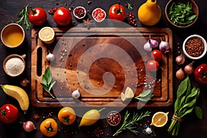 Wooden cutting board with food cooking ingredients, herbs and spices, cuisine concept