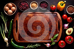 Wooden cutting board with food cooking ingredients, herbs and spices, cuisine concept