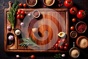 Wooden cutting board with food cooking ingredients, herbs and spices, cuisine concept