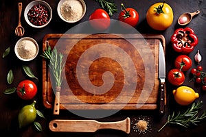 Wooden cutting board with food cooking ingredients, herbs and spices, cuisine concept