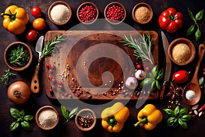 Wooden cutting board with food cooking ingredients, herbs and spices, cuisine concept