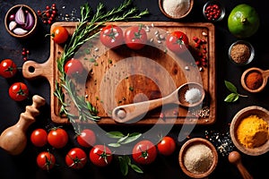 Wooden cutting board with food cooking ingredients, herbs and spices, cuisine concept