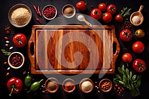 Wooden cutting board with food cooking ingredients, herbs and spices, cuisine concept