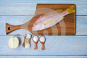 Wooden cutting board   with fresh fish, salt, msg, and key lime over the wooden background