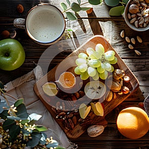 Wooden cutting board with Granny Smith apples, nuts, and garnishes