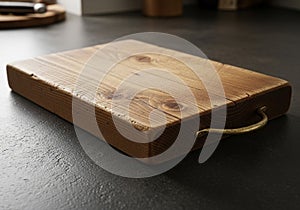 A wooden cutting board with a rectangular shape and rounded