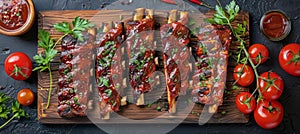 Wooden Cutting Board With Ribs and Sauce