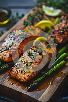 Wooden cutting board with grilled salmon, asparagus, and fines herbes