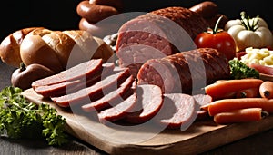 A wooden cutting board with sliced meat and vegetables