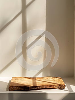 A wooden cutting board is softly illuminated by window light, showcasing a blend of shadows and textures in a homely
