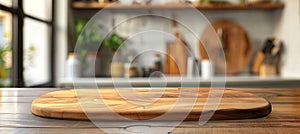 Wooden cutting board on a table in a kitchen, blurred background with shelves and kitchenware