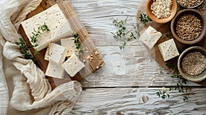 Wooden Cutting Board With Tofu Cubes