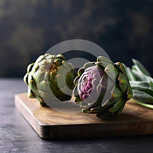 Wooden cutting board with two artichokes on it. One of artichokes is cut open, revealing its inner leaves and heart