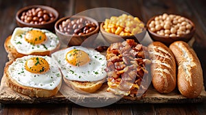 A wooden cutting board with a variety of breads and eggs, AI