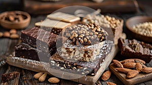 A wooden cutting board with a variety of different types of desserts, AI